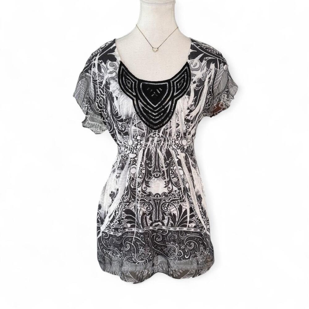 Cato black & white paisley print blouse with sequin embellishments, size S